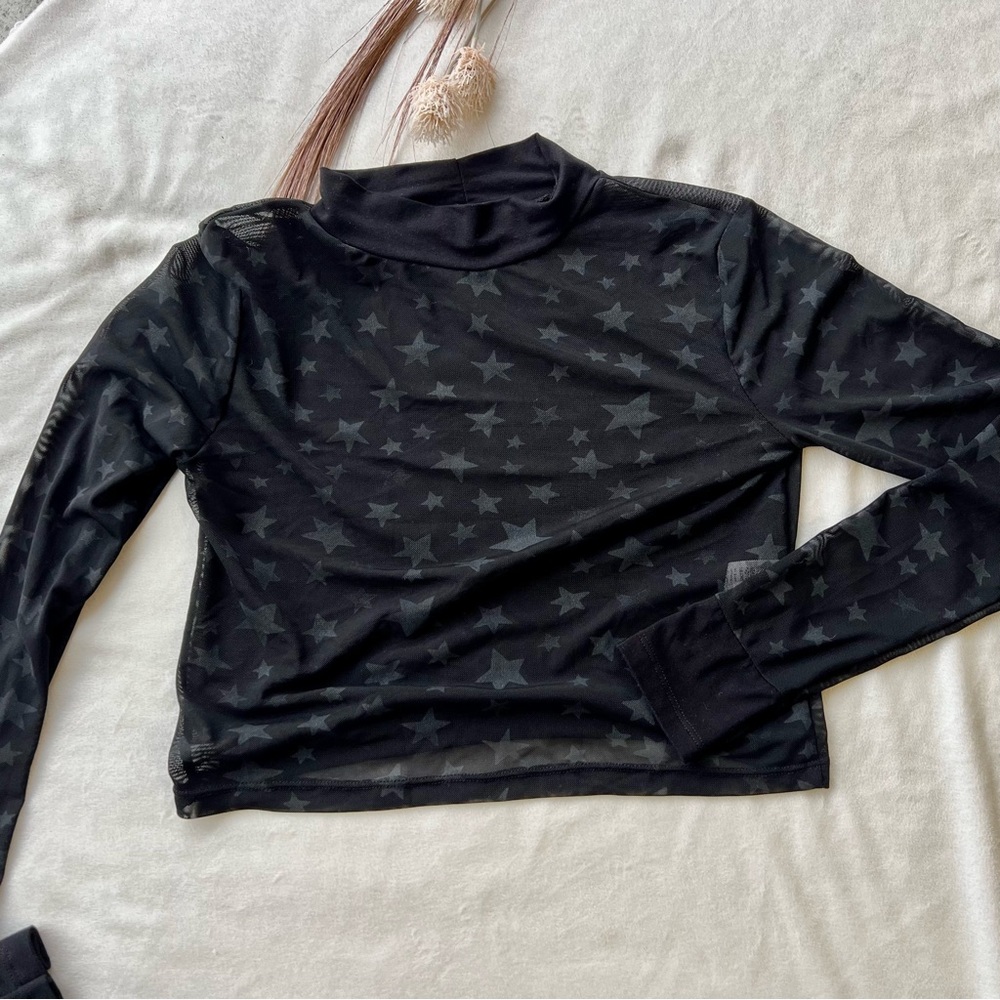 Don't Ask Why One Size Black Sheer w/ Stars Long Sleeve Mock Neck Cropped Top